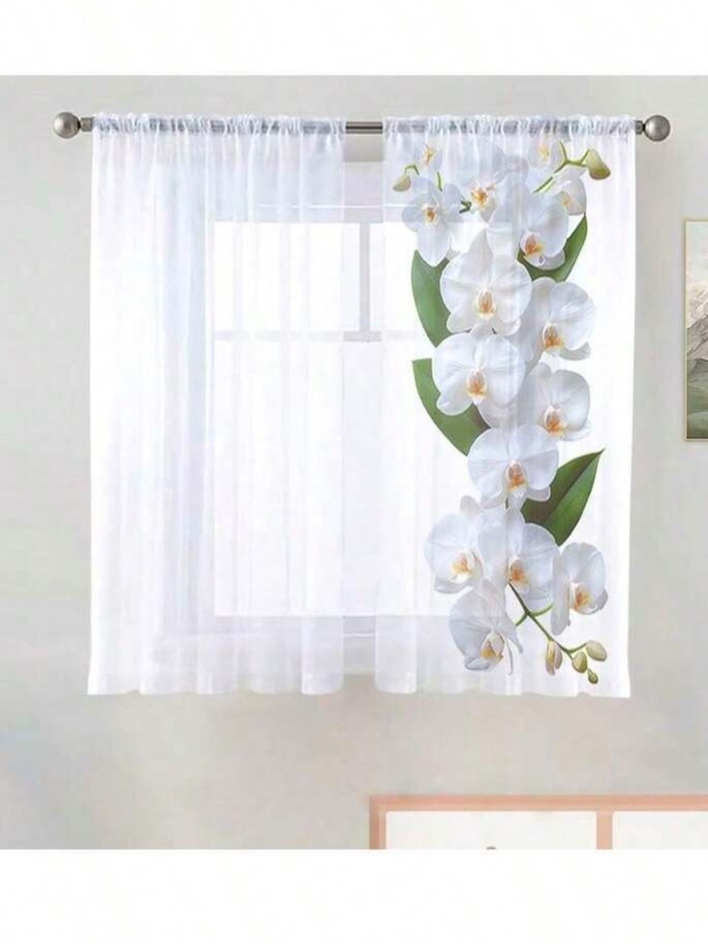 Sheer White Curtain Panel with Orchid Print